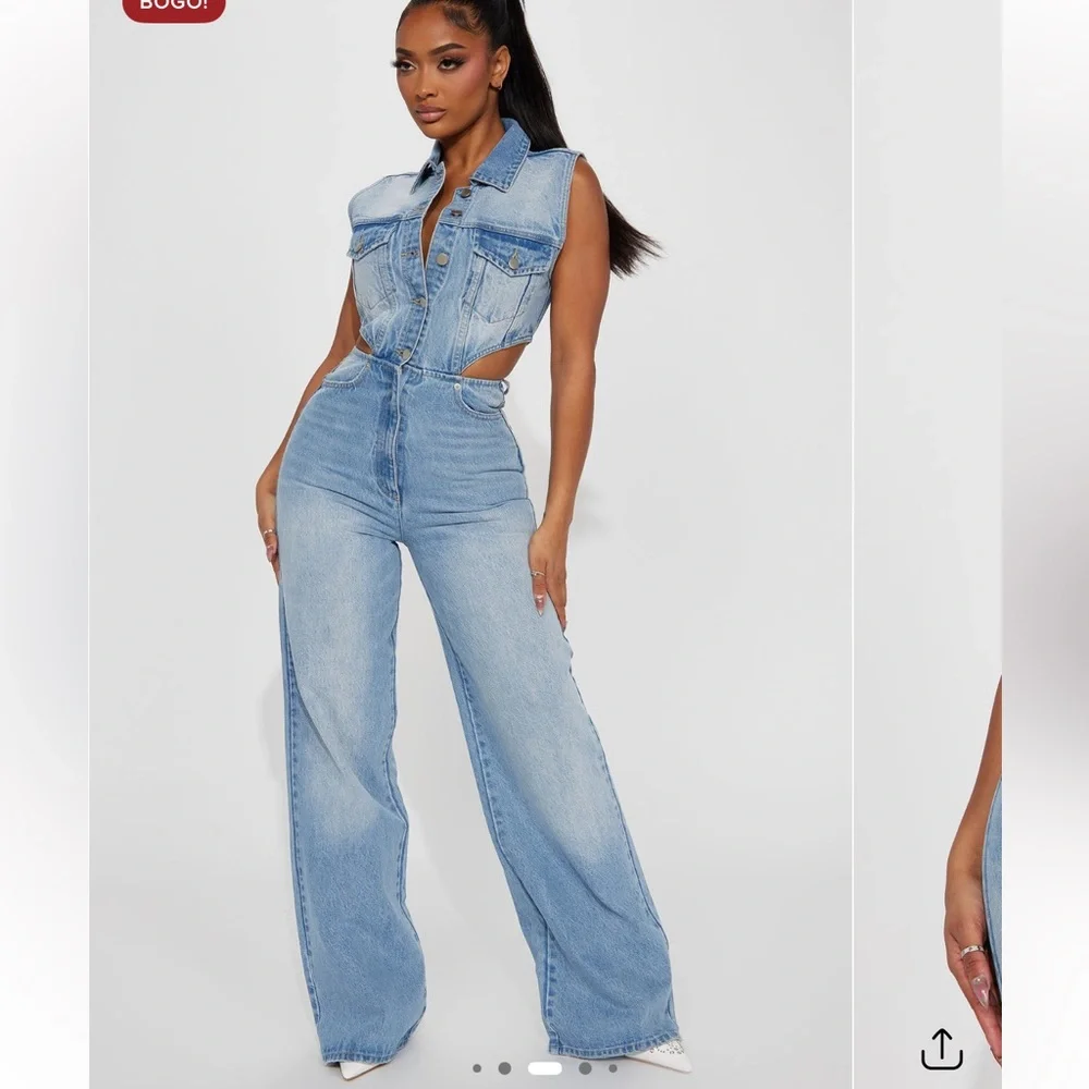 Fashion Nova Baylin Cutout Denim Jumpsuit – Size L – NWT - Picture 6 of 13